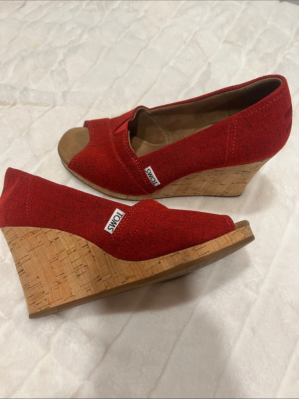 TOMS Red Open-Toe Cork Wedge Heels